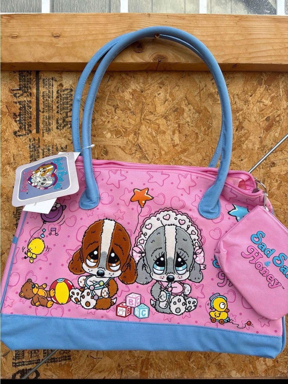 Vintage Sad Sam & Honey Pink Blue Canvas Shoulder Bag Tote w Matching Coin Pouch